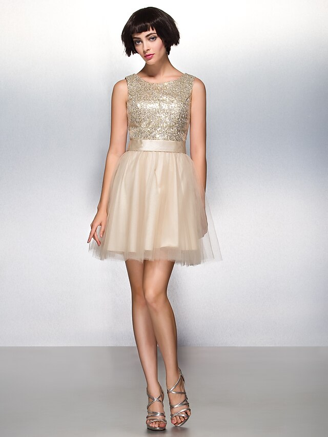  A-Line Fit & Flare Sparkle & Shine Beaded & Sequin Cocktail Party Prom Dress Scoop Neck Sleeveless Short / Mini Tulle Sequined with Sequin