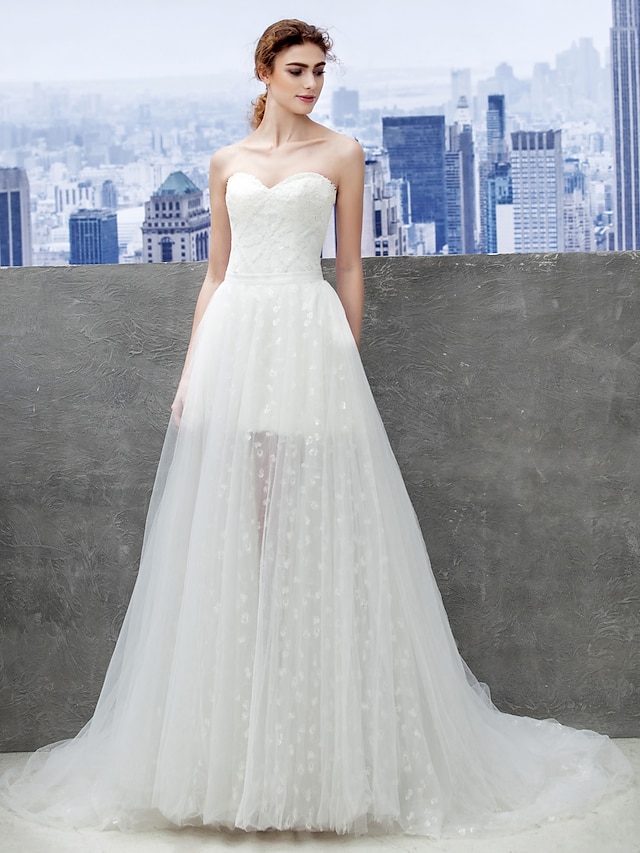  A-Line Sweetheart Neckline Chapel Train Lace / Tulle Made-To-Measure Wedding Dresses with Lace by LAN TING BRIDE®