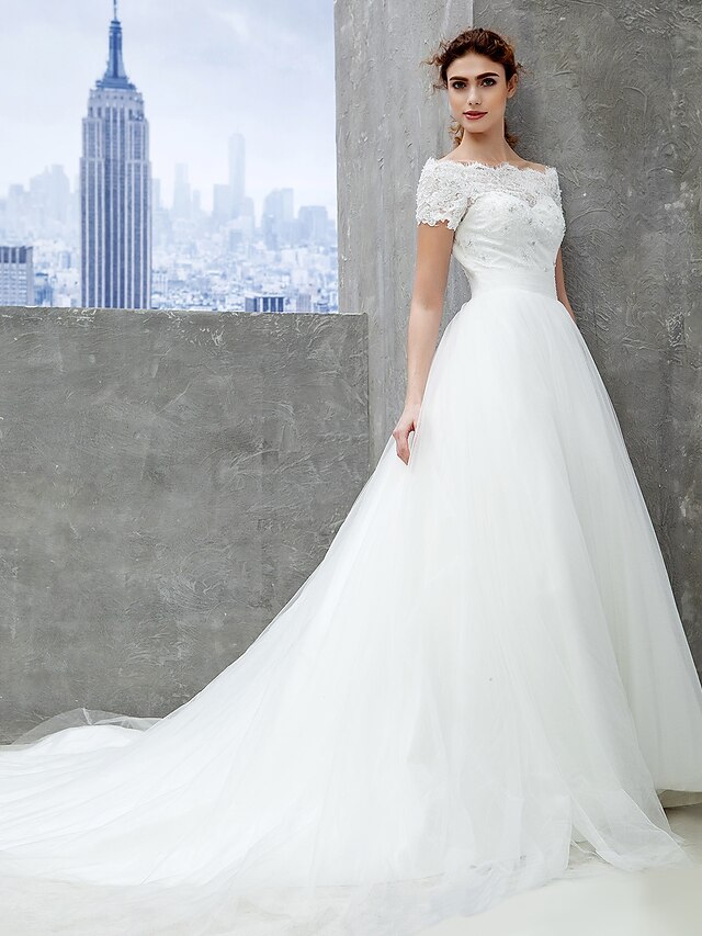  A-Line Off Shoulder Cathedral Train Lace / Tulle Made-To-Measure Wedding Dresses with Lace by LAN TING BRIDE® / Open Back