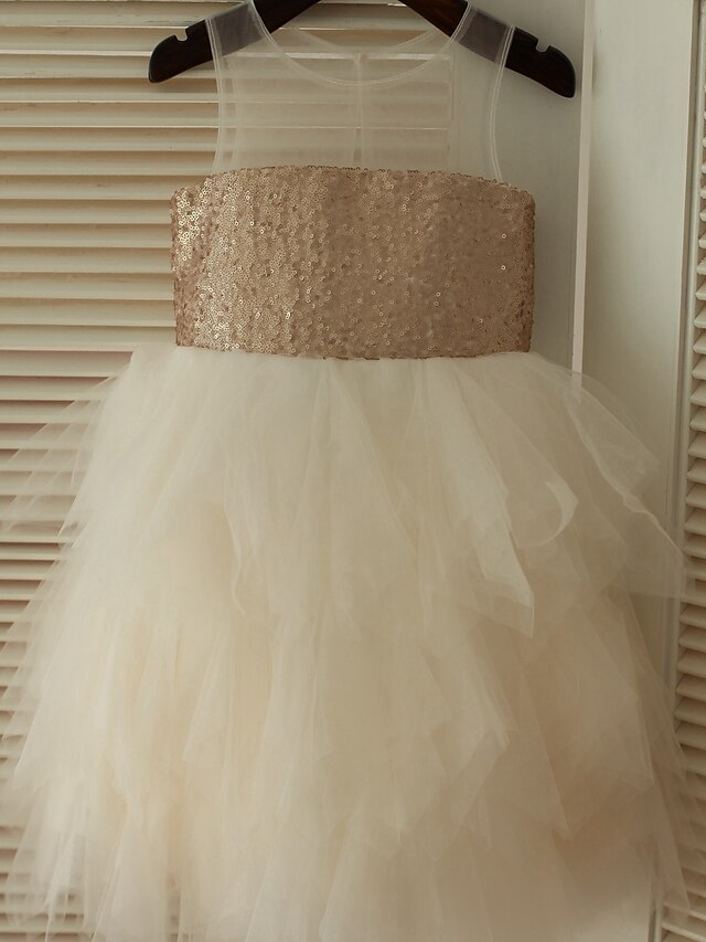  Βραδινή τουαλέτα Μέχρι το γόνατο Φόρεμα για Κοριτσάκι Λουλουδιών - Τούλι Με πούλιες Αμάνικο με Πούλιες με LAN TING BRIDE®