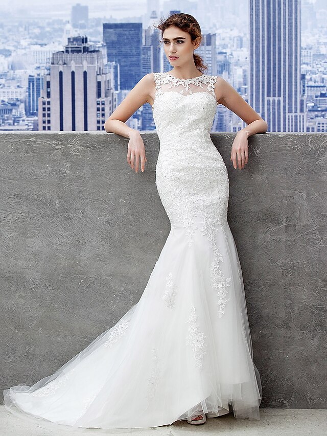  Mermaid / Trumpet Wedding Dresses Jewel Neck Sweep / Brush Train Lace Tulle Sleeveless Open Back with Beading Appliques Button 2020