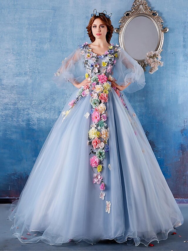  Βραδινή τουαλέτα Λουλουδάτο Φόρεμα Επίσημο Βραδινό Μακριά ουρά Μισό μανίκι Λαιμόκοψη V Σατέν με Λουλούδι 2024