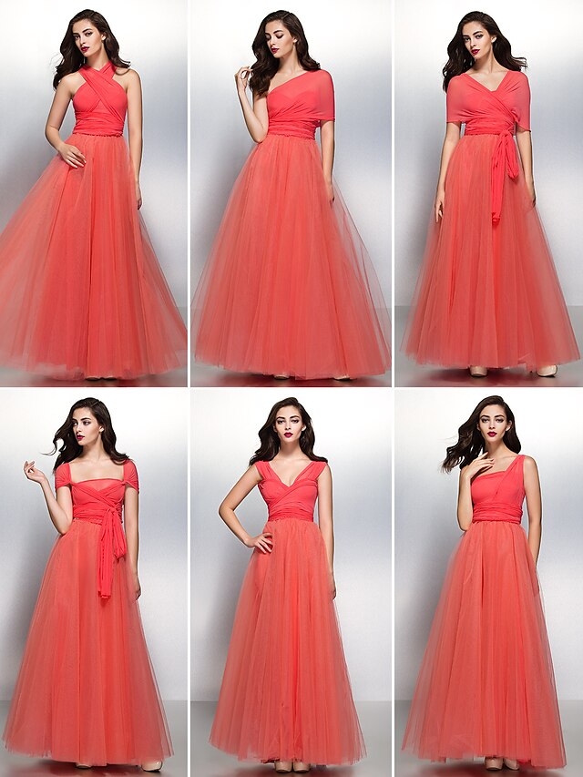  A-Line Bridesmaid Dress V Neck Sleeveless Convertible Dress Floor Length Chiffon / Tulle with Pleats