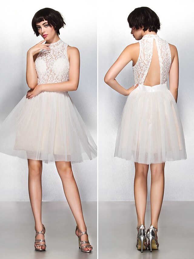  A-Line Beautiful Back Cocktail Party Dress High Neck Sleeveless Knee Length Lace Tulle with Lace 2020