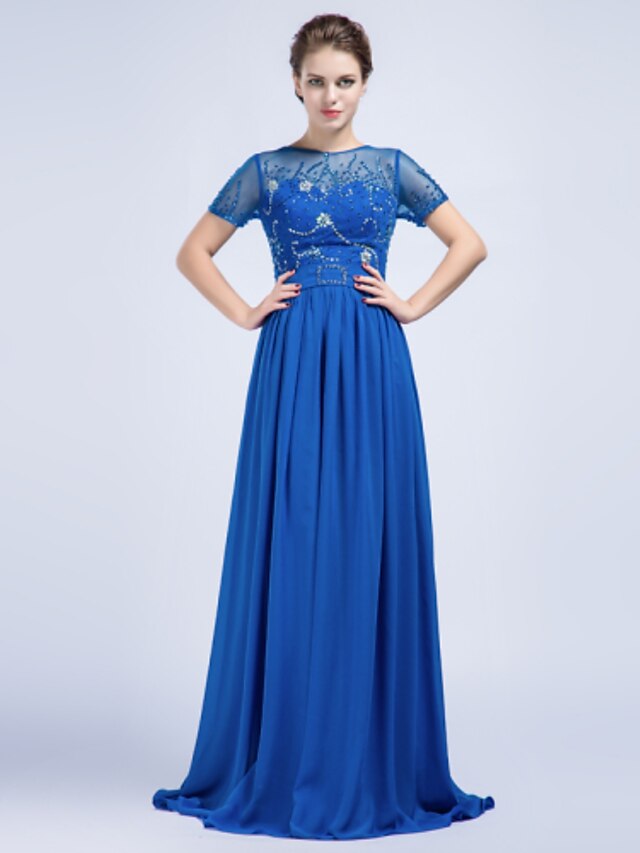  Sheath / Column Jewel Neck Floor Length Chiffon Formal Evening Dress with Beading Crystal Detailing by