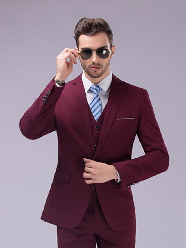 Men's Evening Party Modern Style Burgundy Suits, Solid Colored / Solid ...