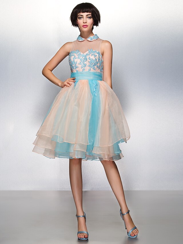  A-Line Color Block Cocktail Party Prom Dress Illusion Neck Sleeveless Knee Length Organza with Appliques