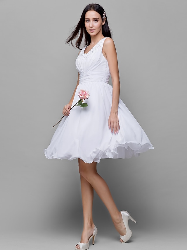  A-Linie U-Ausschnitt Knie-Länge Chiffon Brautjungfernkleid mit Perlenstickerei / Gerafft durch LAN TING BRIDE®