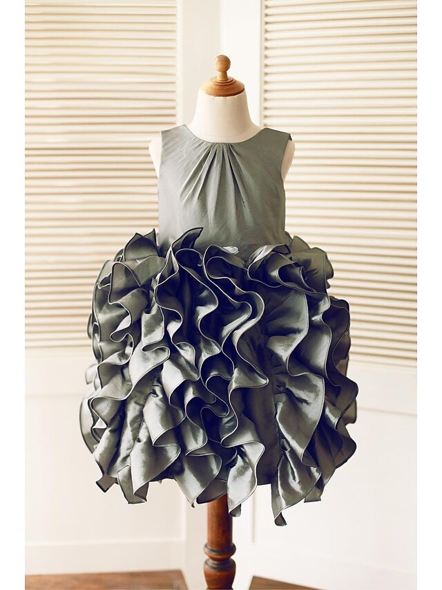  A-Line Knee Length Flower Girl Dress - Taffeta Sleeveless Scoop Neck with Buttons / Cascading Ruffles by LAN TING BRIDE®