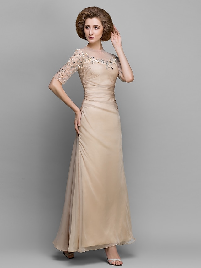  A-Line Jewel Neck Ankle Length Chiffon Mother of the Bride Dress with Beading / Ruched by LAN TING BRIDE®