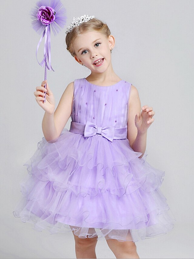  A-Line Knee Length Flower Girl Dress - Cotton / Polyester / Tulle Sleeveless Jewel Neck with Bow(s) / Sash / Ribbon / Pleats by