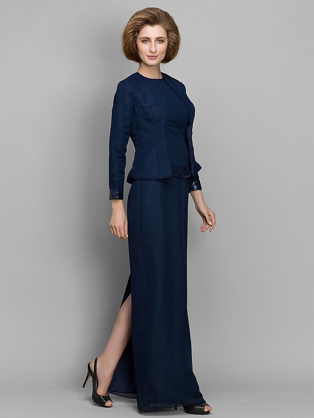  Sheath / Column Mother of the Bride Dress Convertible Dress Jewel Neck Floor Length Chiffon Long Sleeve with Sequin 2020