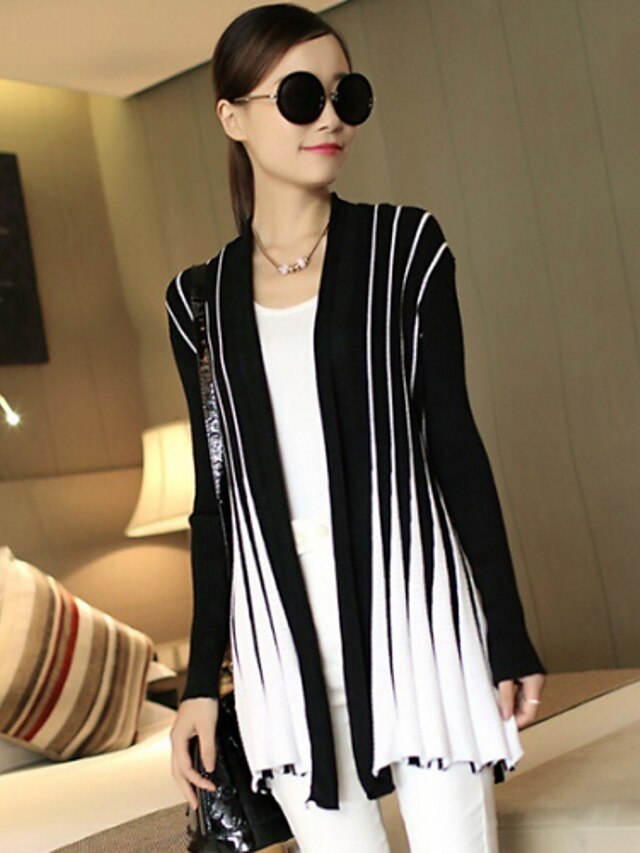  Women's Striped V-neck Slim Cardigan , Casual Long Sleeve Ruched