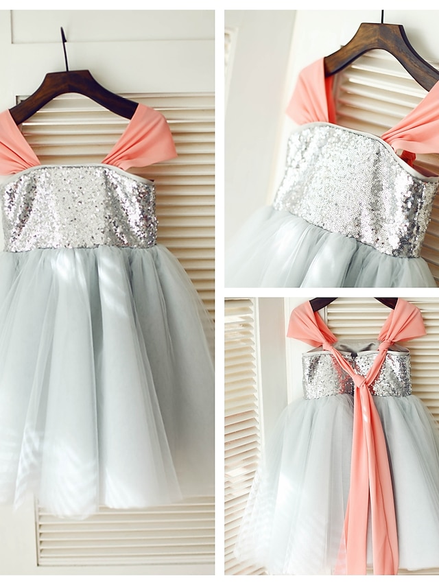  A-Line Knee Length Flower Girl Dress - Chiffon Tulle Sequined Sleeveless Straps with Sequins by LAN TING BRIDE®
