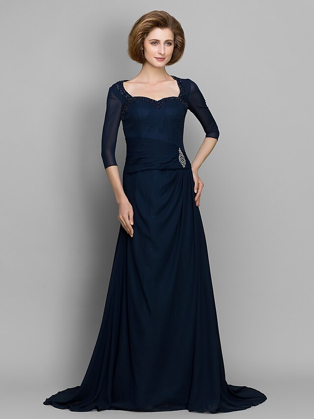  A-Line Sweetheart Neckline Sweep / Brush Train Chiffon Mother of the Bride Dress with Beading / Ruched by LAN TING BRIDE®