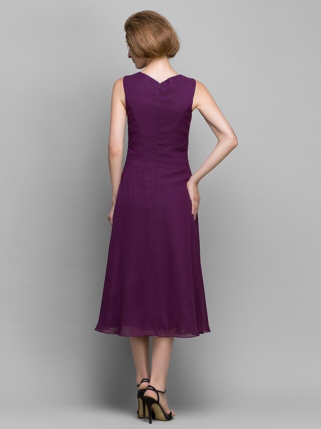 Purple 3/4 Sleeves A-Line Bateau Neck Tea Length Mother of the Bride Dress
