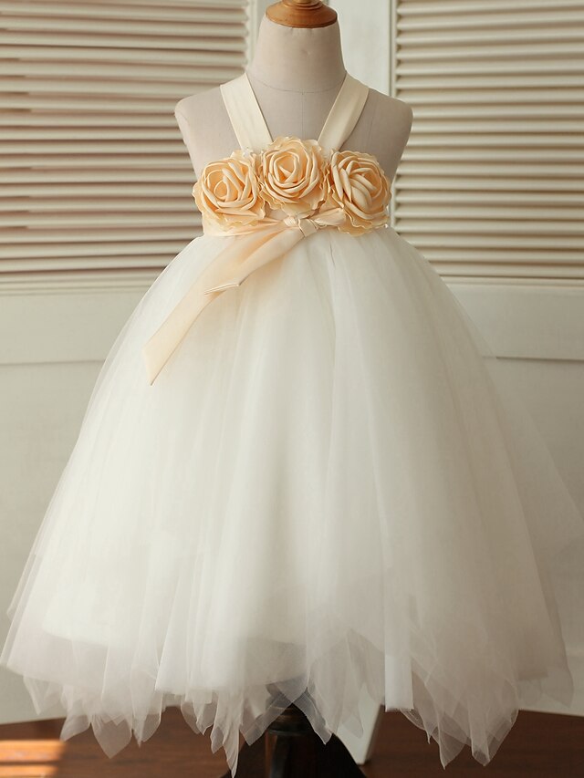  Ball Gown Tea Length Flower Girl Dress - Satin / Tulle Sleeveless Straps with Bow(s) / Flower by