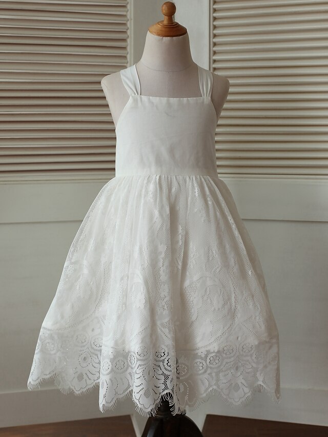  A-Line Tea Length Flower Girl Dress - Cotton Lace Sleeveless Straps with Lace 