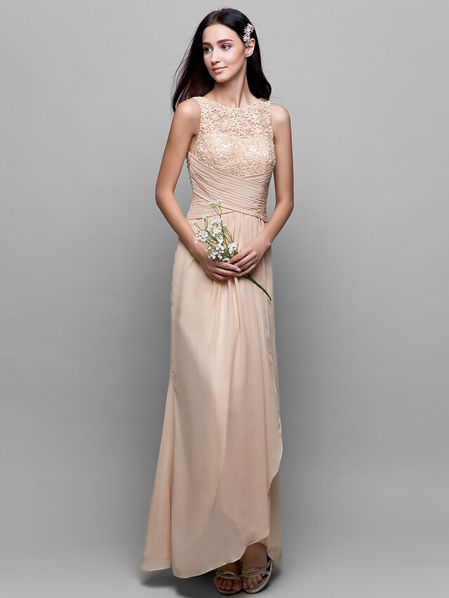  A-Line Bridesmaid Dress Bateau Neck Sleeveless Furcal Asymmetrical Chiffon / Lace Bodice with Lace / Criss Cross 2022