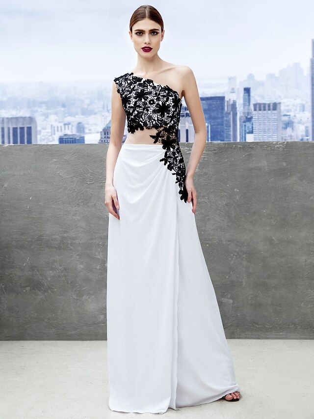  Sheath / Column Color Block Formal Evening Black Tie Gala Dress One Shoulder Sleeveless Sweep / Brush Train Jersey with Appliques 2020