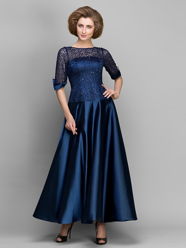  A-Line Mother of the Bride Dress See Through Bateau Neck Ankle Length Satin Half Sleeve with Lace Pleats 2021