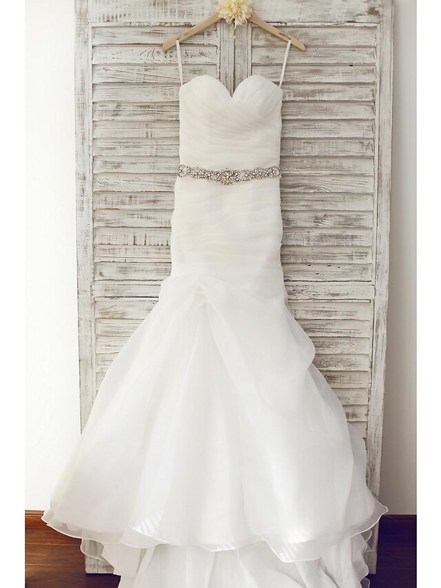  Wedding Dresses Sweep / Brush Train Mermaid / Trumpet Sleeveless Sweetheart Organza With Ruched Beading 2023 Bridal Gowns
