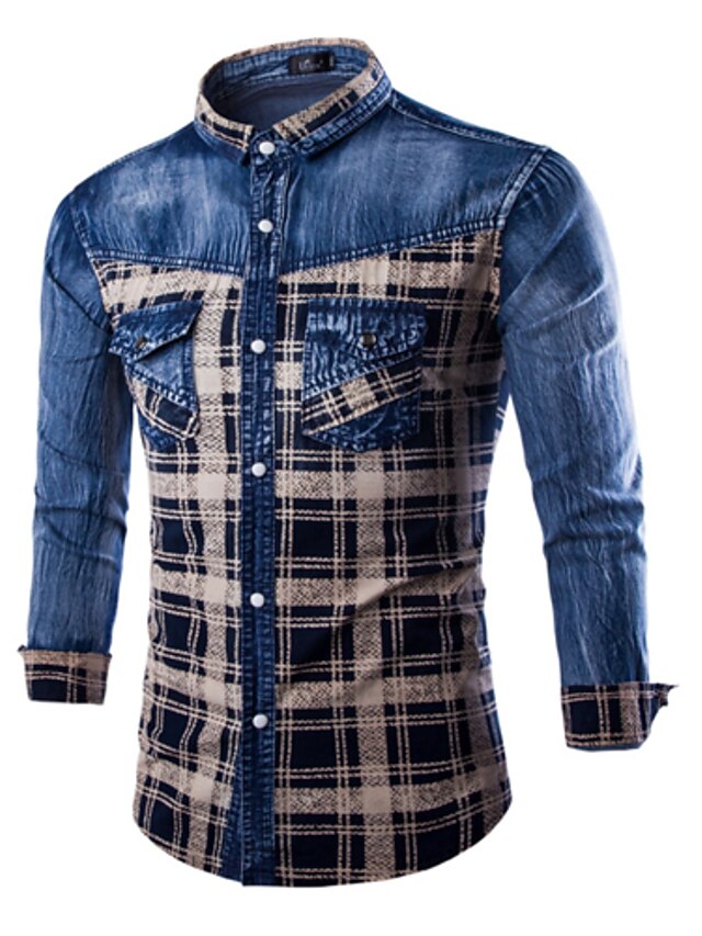  Men's Daily Plaid Long Sleeves Cotton Polyester