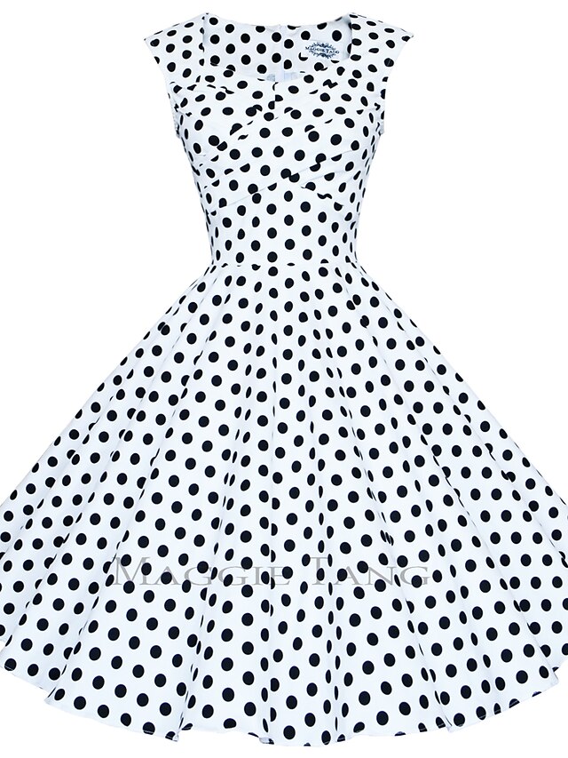  Women's Plus Size Going out Vintage A Line Dress - Polka Dot Square Neck All Seasons Cotton White Navy Blue S M L XL