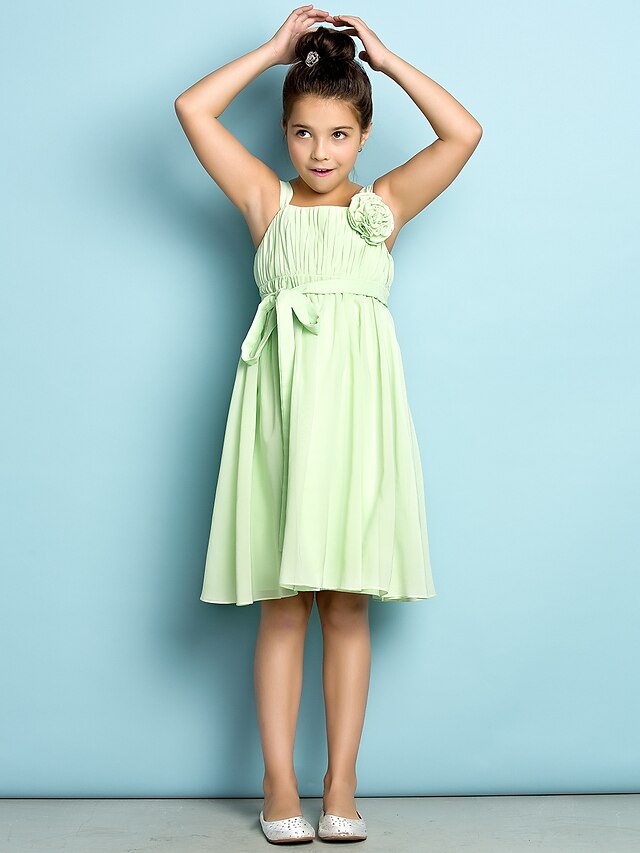  A-Line Straps Knee Length Chiffon Junior Bridesmaid Dress with Draping / Flower by LAN TING BRIDE® / Natural / Mini Me