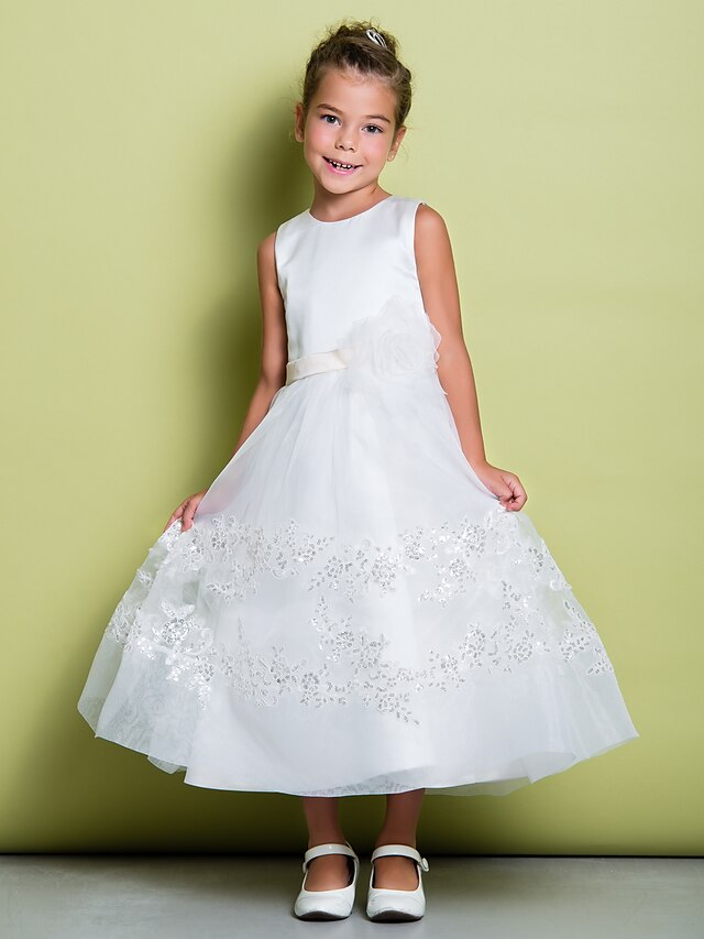  A-Line Ankle Length Flower Girl Dress - Lace / Organza / Satin Sleeveless Jewel Neck with Lace / Flower by LAN TING BRIDE®