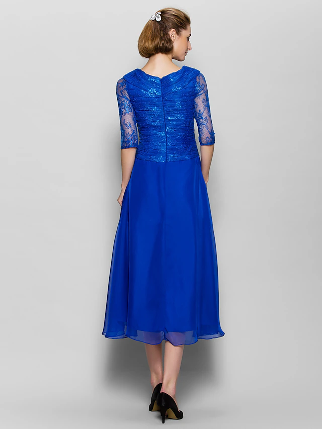 A-Line Mother of the Bride Dress Elegant Plus Size V Neck Tea Length ...