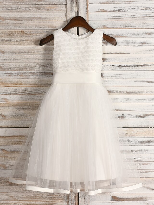  A-Line Tea Length Flower Girl Dress - Tulle Sequined Sleeveless Jewel Neck with Sash / Ribbon Pleats by LAN TING BRIDE®