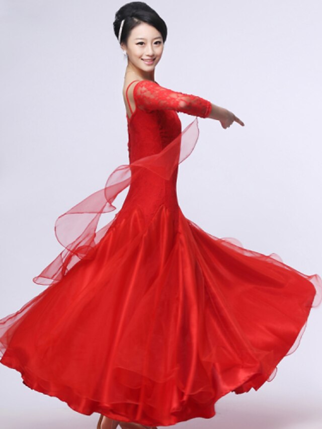  Ballroom Dance Dresses&Skirts Women's Performance Crepe / Lace / Milk Fiber Lace / Ruched Long Sleeve Dress / Modern Dance