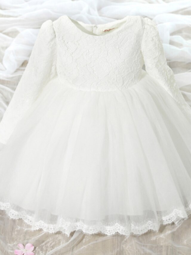  A-Line Knee Length Flower Girl Dress - Lace / Tulle Long Sleeve Jewel Neck with Bow(s) by LAN TING Express
