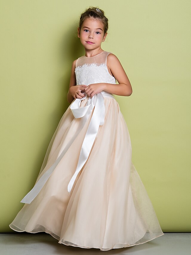  A-Line Floor Length Flower Girl Dresses Lace Sleeveless Jewel Neck with Lace