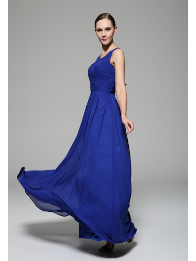  A-Line Bridesmaid Dress Scoop Neck Sleeveless Elegant Floor Length Chiffon with Draping / Side Draping