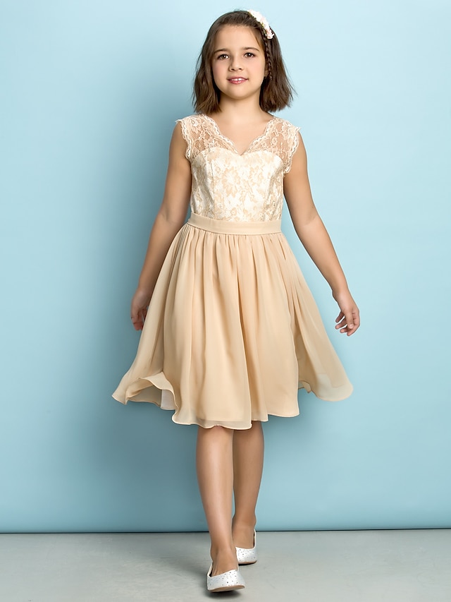  A-Line V Neck Knee Length Lace Junior Bridesmaid Dress with Lace by LAN TING BRIDE® / Natural / Mini Me