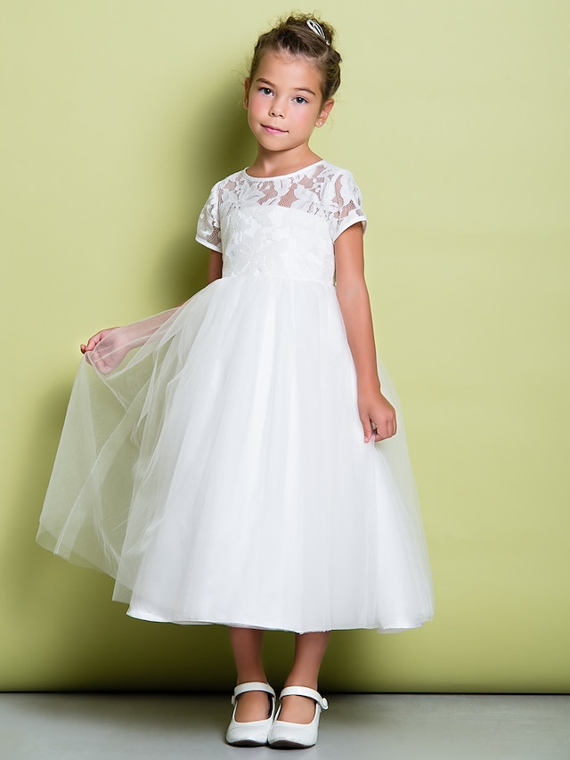  A-Line Tea Length Flower Girl Dresses Wedding Lace Short Sleeve Jewel Neck with Lace 2022 / First Communion