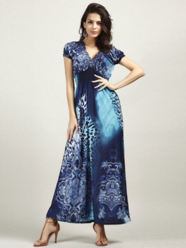  Women's Boho Beach Boho Maxi Swing Dress - Leopard Blue, Flower Ruched Print Deep V Silk Blue L XL XXL