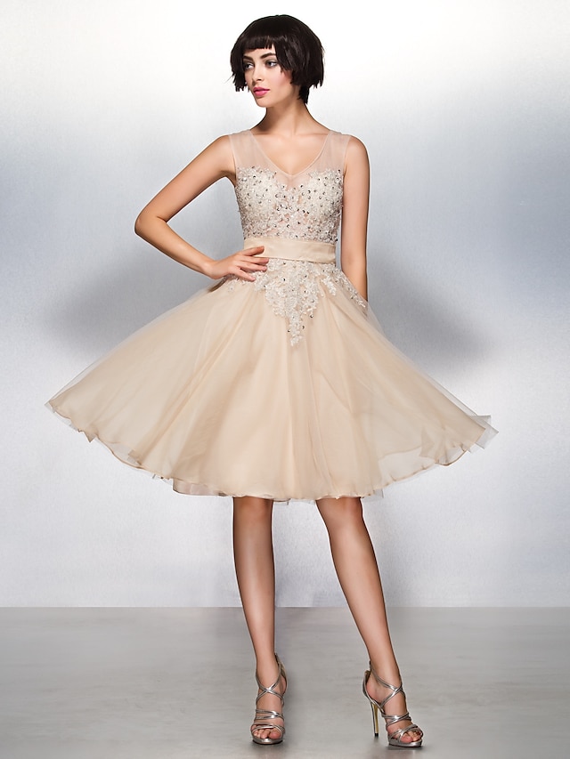  A-Line Fit & Flare Holiday Cocktail Party Prom Dress Illusion Neck Sleeveless Knee Length Tulle with Appliques