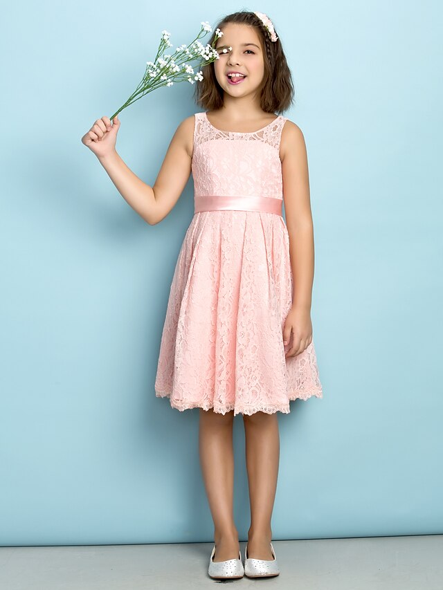 A-Line Knee Length Scoop Neck All Over Floral Lace Junior Bridesmaid Dresses&Gowns With Lace Mini Me Kids Wedding Guest Dress 4-16 Year