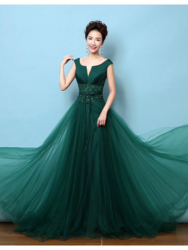  A-Line Elegant Formal Evening Dress V Neck Sleeveless Court Train Lace Satin with Lace Sash / Ribbon Bow(s) 2020