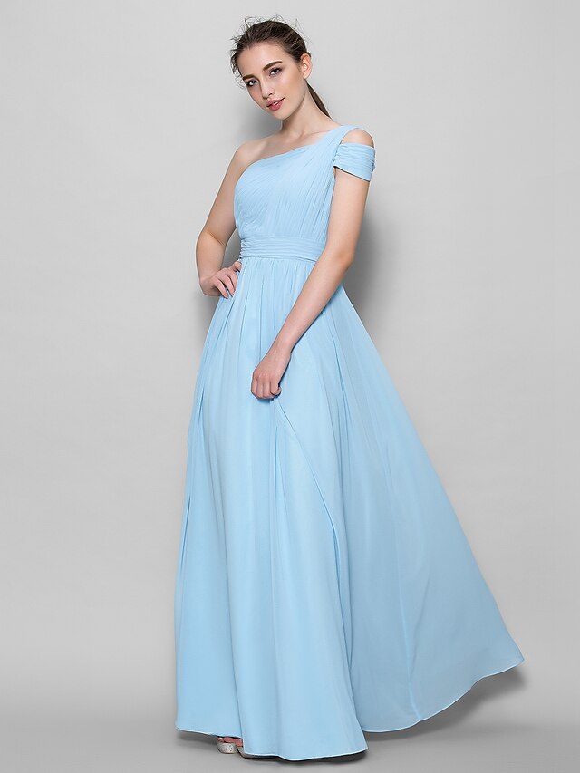  A-Line One Shoulder Floor Length Georgette Bridesmaid Dress with Side Draping by LAN TING BRIDE®