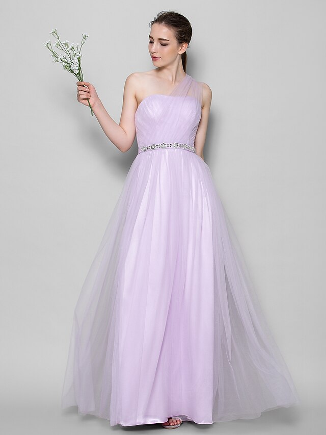  A-Line One Shoulder Floor Length Tulle Bridesmaid Dress with Crystals / Criss Cross by LAN TING BRIDE® / Open Back