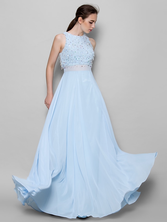  A-Line Bridesmaid Dress Jewel Neck Sleeveless Sparkle & Shine Floor Length Chiffon with Beading / Sequin