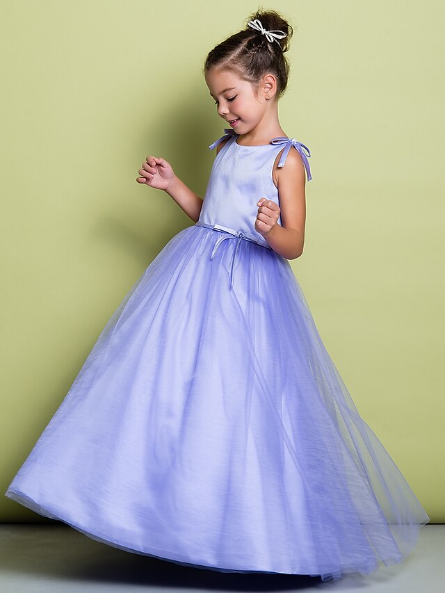  A-Line Floor Length Flower Girl Dress - Satin / Tulle Sleeveless Scoop Neck with Bow(s) by LAN TING BRIDE®