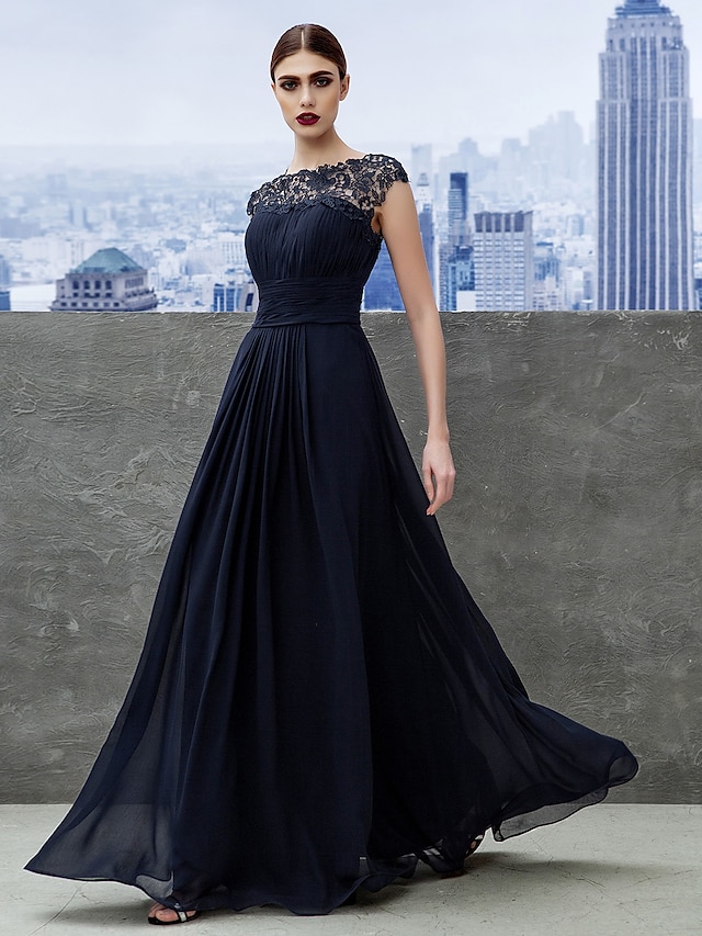 A-Line Empire Wedding Guest Formal Evening Dress Boat Neck Short Sleeve Floor Length Chiffon with Ruched Lace Insert 2022
