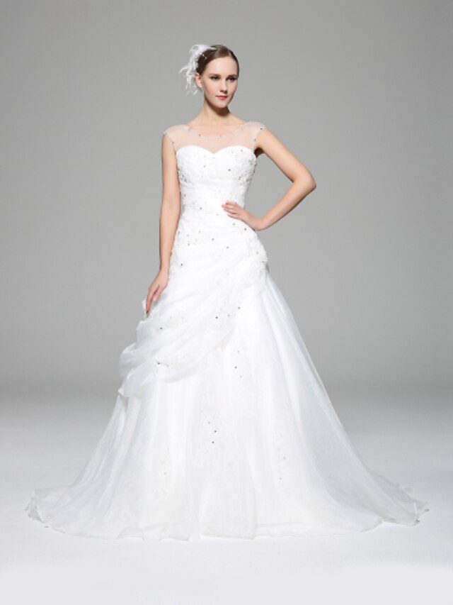  A-Line Scoop Neck Chapel Train Organza Made-To-Measure Wedding Dresses with Beading / Appliques / Criss-Cross by