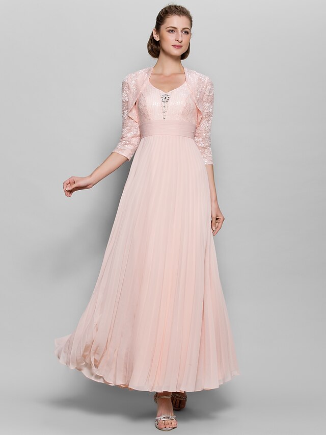  A-Line Sweetheart Neckline Ankle Length Chiffon / Lace Bodice Mother of the Bride Dress with Sequin / Lace / Ruched by LAN TING BRIDE®