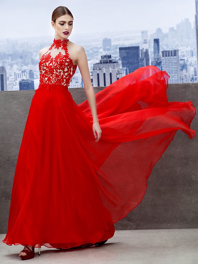  A-Line Beautiful Back Dress Holiday Cocktail Party Floor Length Sleeveless High Neck Chiffon with Appliques 2024